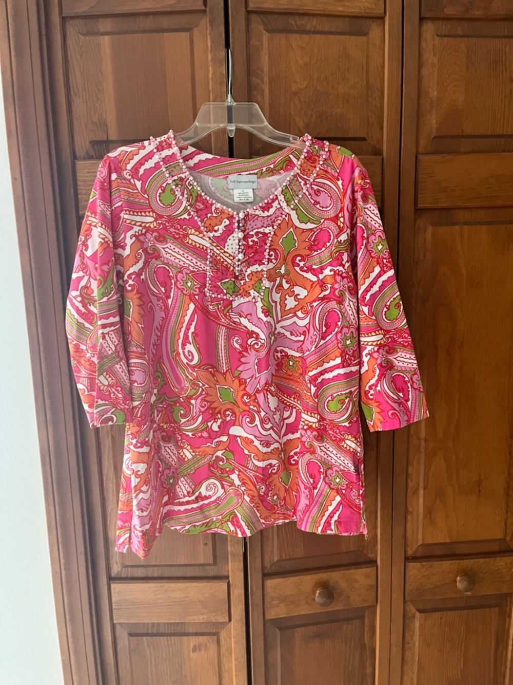 Soft Surroundings Pink Paisley Tunic with Orange & Green Accents